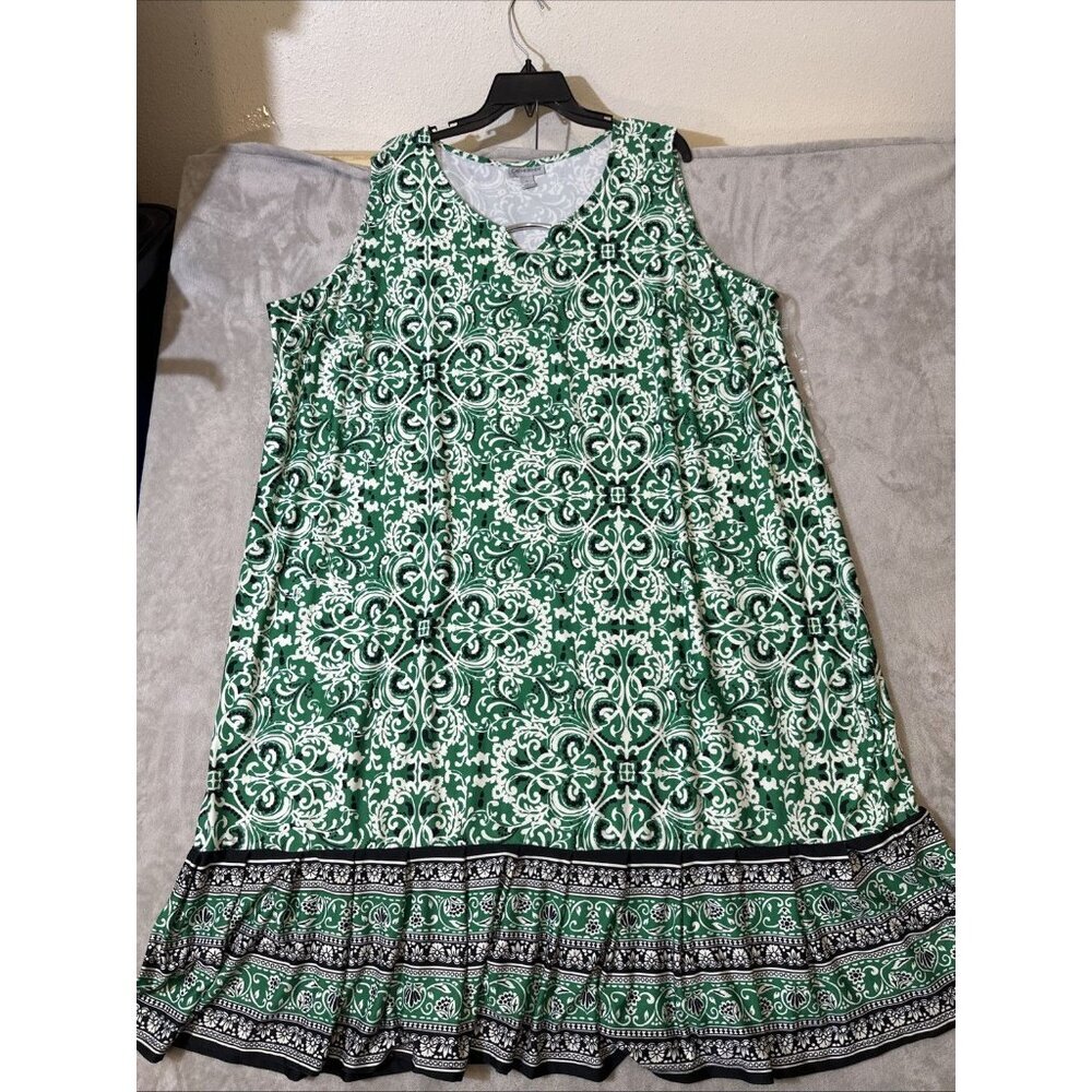 Catherines 3X Green White Sleeveless Dress Plus Size Boho Print Border Hem